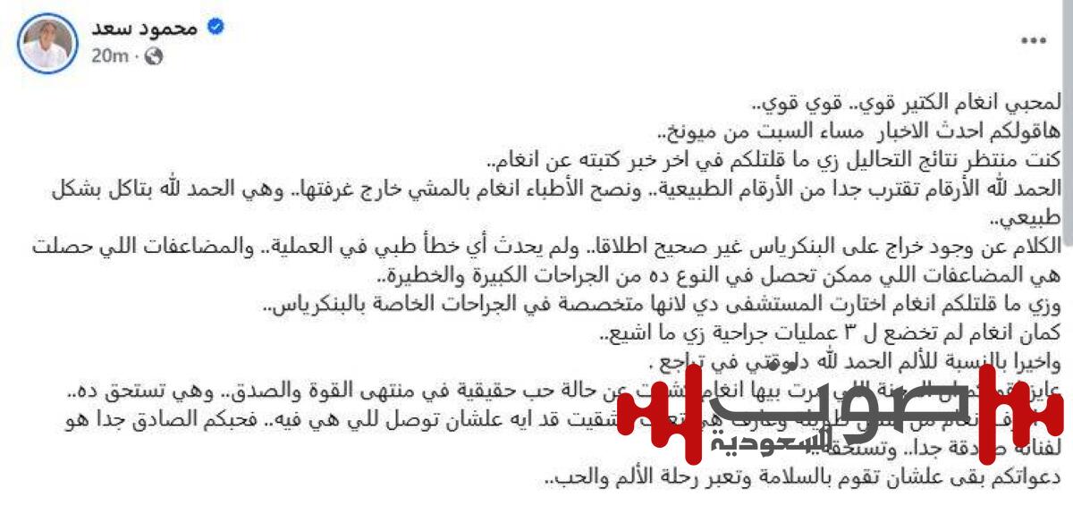 محمود سعد يكشف تطورات جديدة في حالة أنغام: «بدأت تتحسن وتأكل بشكل طبيعي»